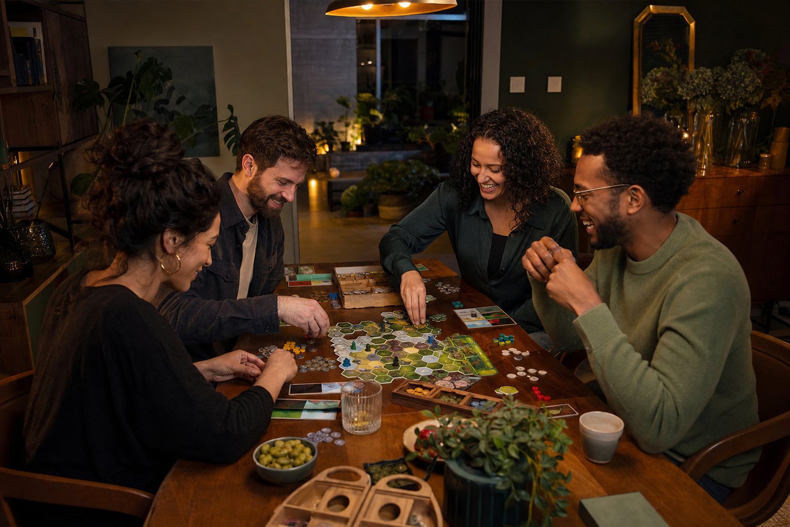 Vier vrienden spelen samen een bordspel aan een houten eettafel