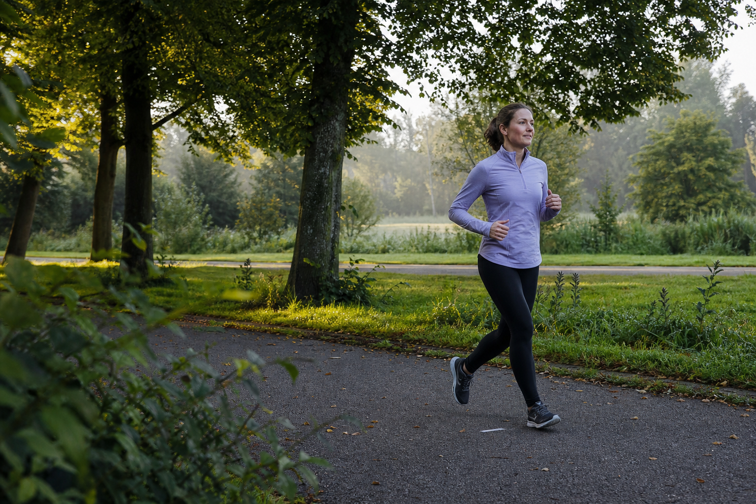 Recreatieve hardloper loopt in rustig tempo door een groen stadspark