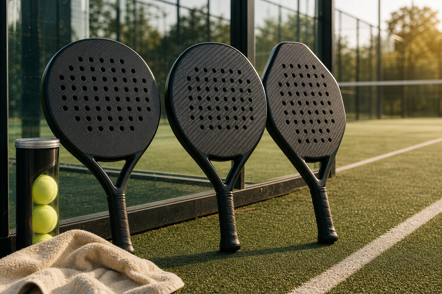 Drie padelrackets met verschillende vormen staan naast een glazen padelbaan