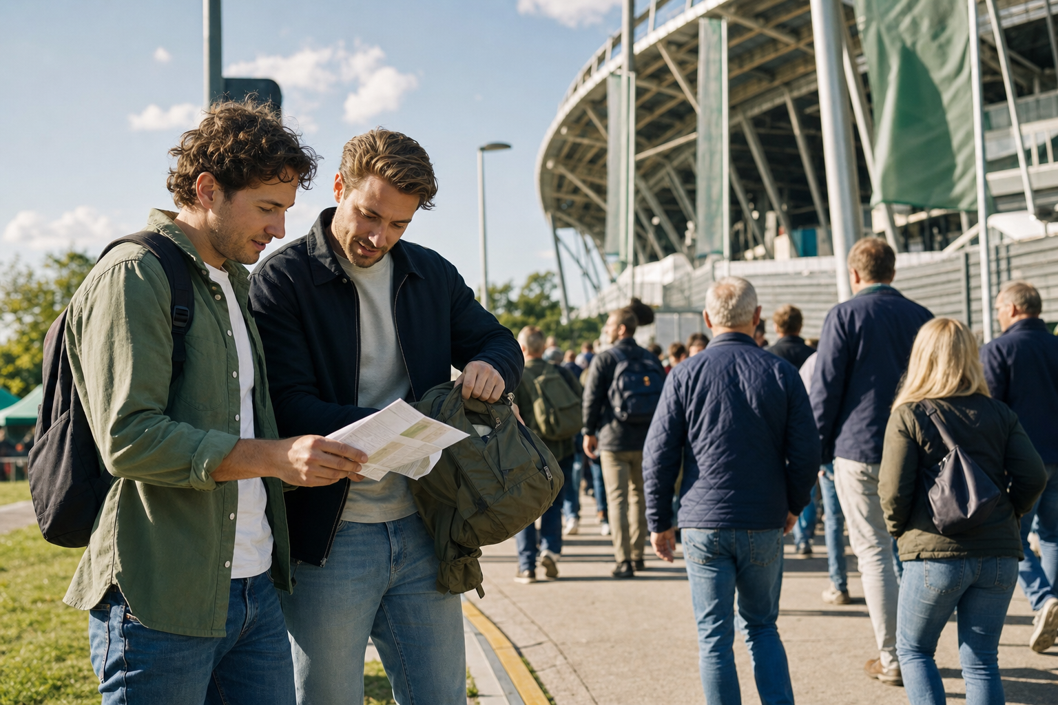 Twee bezoekers bekijken hun planning voor de ingang van een sportstadion